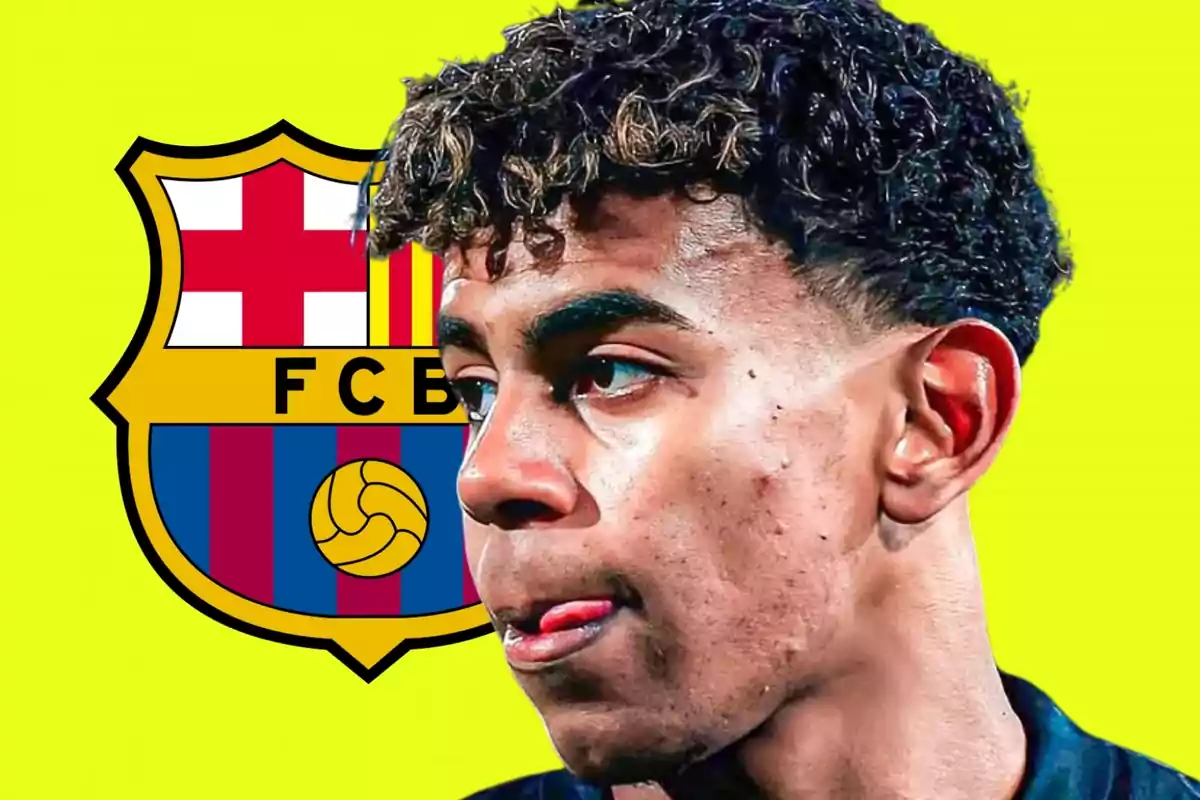 A young man with the FC Barcelona crest in the background on a yellow background.