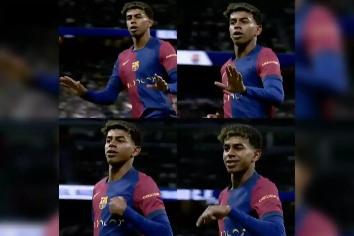 Un jugador de fútbol con el uniforme del FC Barcelona aparece en cuatro imágenes diferentes durante un partido, mostrando gestos de celebración y concentración.