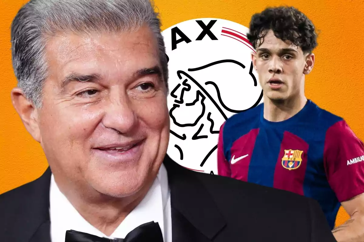 Un hombre mayor sonriente con traje y corbata junto a un joven futbolista con uniforme del Barcelona, con el logo del Ajax de fondo sobre un fondo naranja.