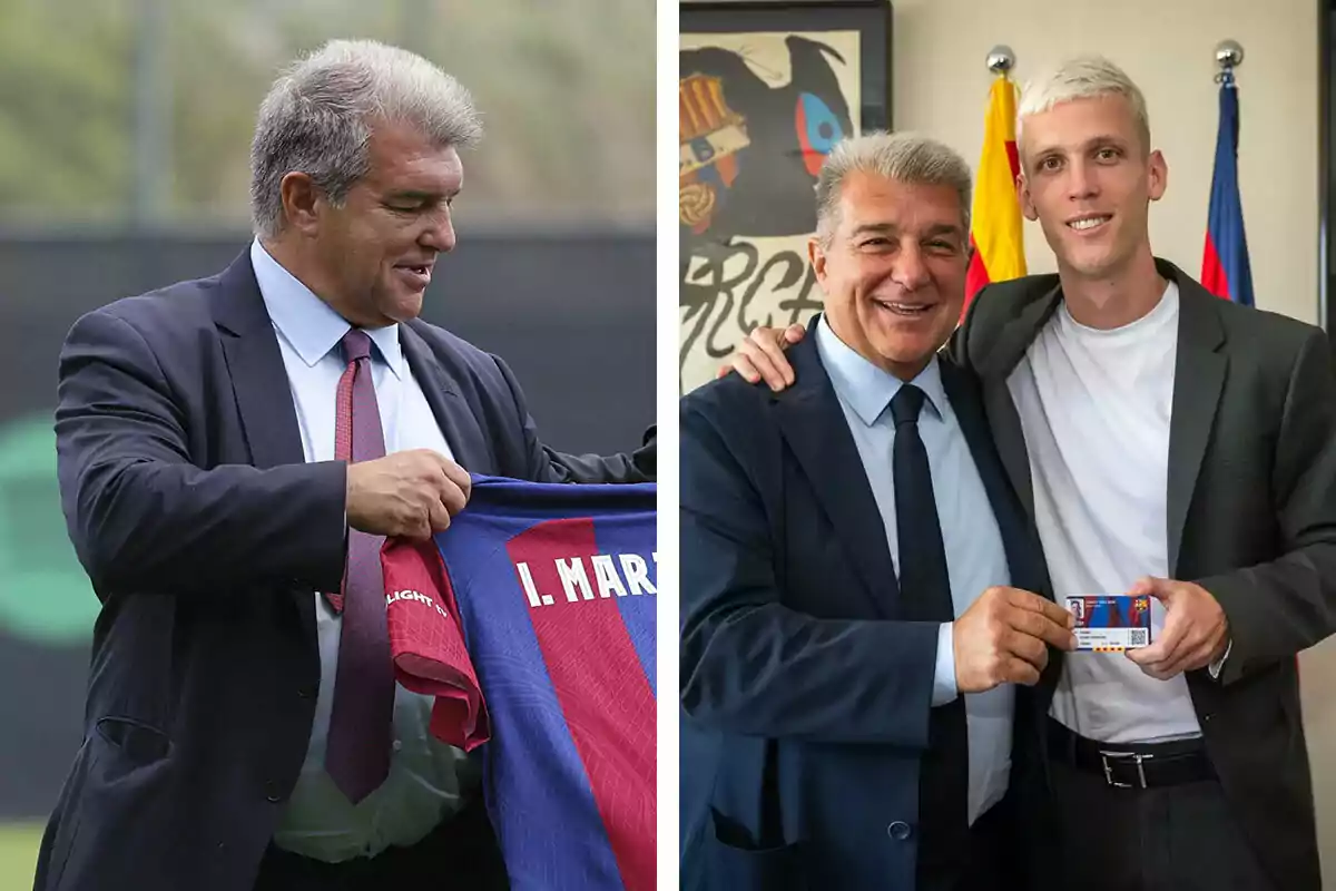 Dos imágenes de Joan Laporta, en la primera sosteniendo una camiseta de fútbol y en la segunda posando con un joven que sostiene una tarjeta.