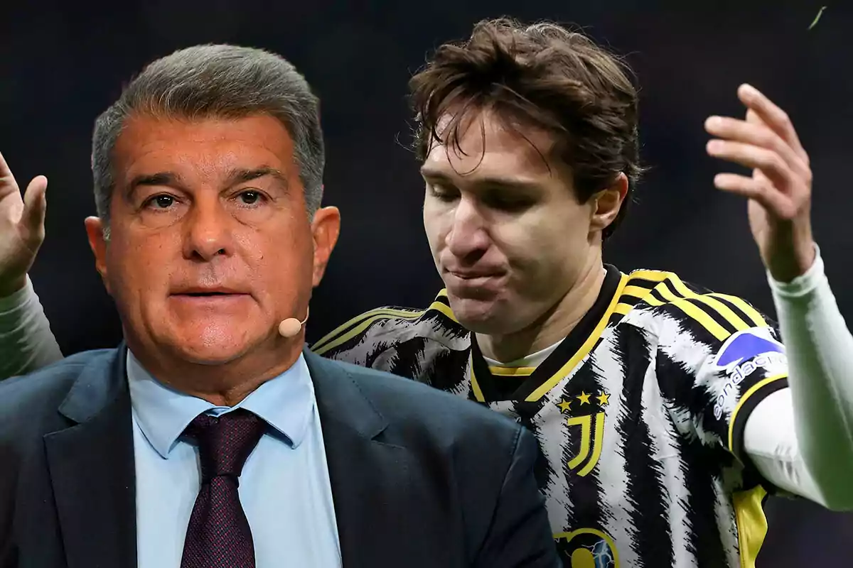 Dos hombres, Laporta con traje y corbata y Chiesa con uniforme de fútbol de la Juventus, en una imagen compuesta.