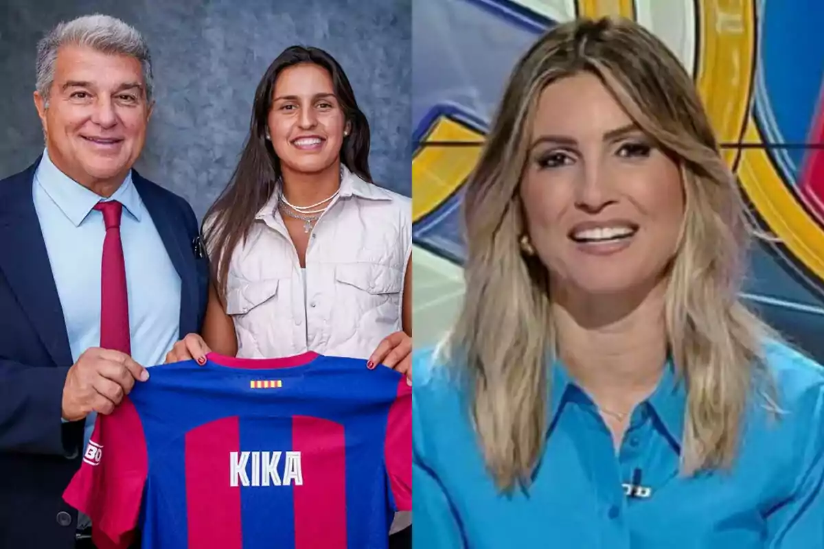 Laporta y Kika Nazareth sostienen una camiseta del Barcelona, mientras Danae Boronat sonríe frente a una cámara.