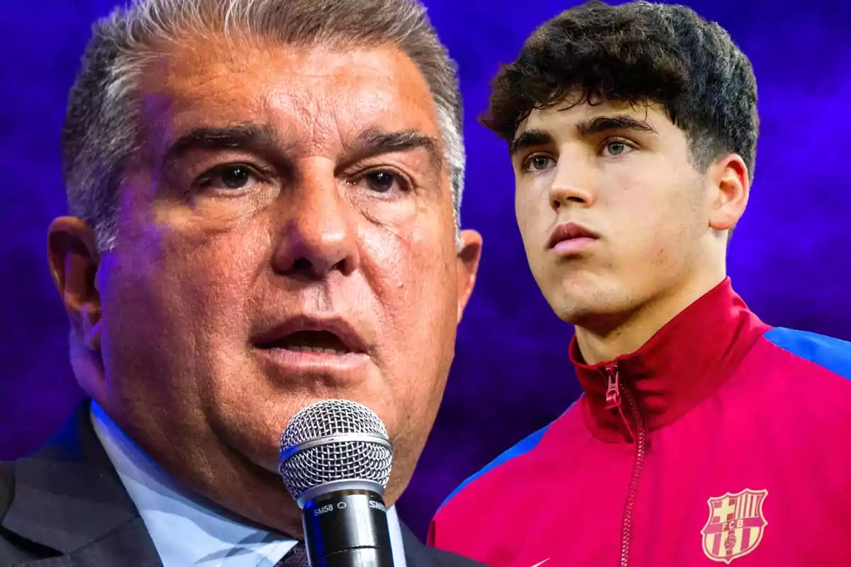 A man speaking into a microphone next to a young man wearing an FC Barcelona jacket on a blue background.