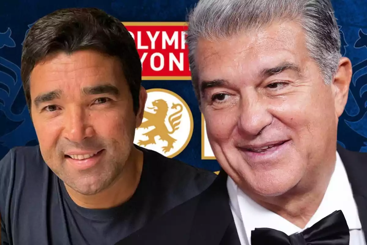 Two smiling men in front of a background with the Olympique Lyon logo.