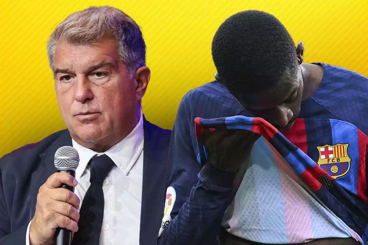 Laporta sosteniendo un micrófono junto a Dembélé, del FC Barcelona, que se cubre la cara con su camiseta.