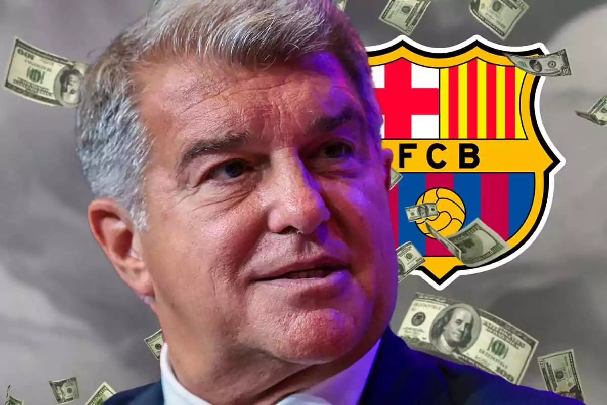 Joan Laporta con un fondo de billetes de dólar y el escudo del FC Barcelona.