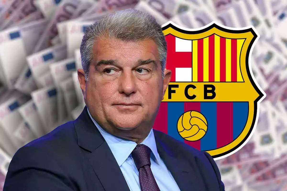 Joan Laporta con traje y corbata aparece en primer plano, con un fondo de billetes y el escudo del FC Barcelona.