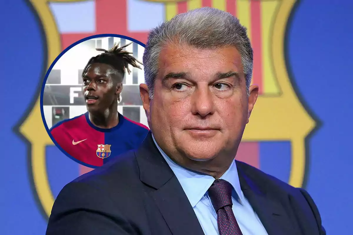 Joan Laporta está en primer plano, con el logo del FC Barcelona de fondo; en un círculo detrás de él, aparece Nico Williams con la camiseta del 125 aniversario.