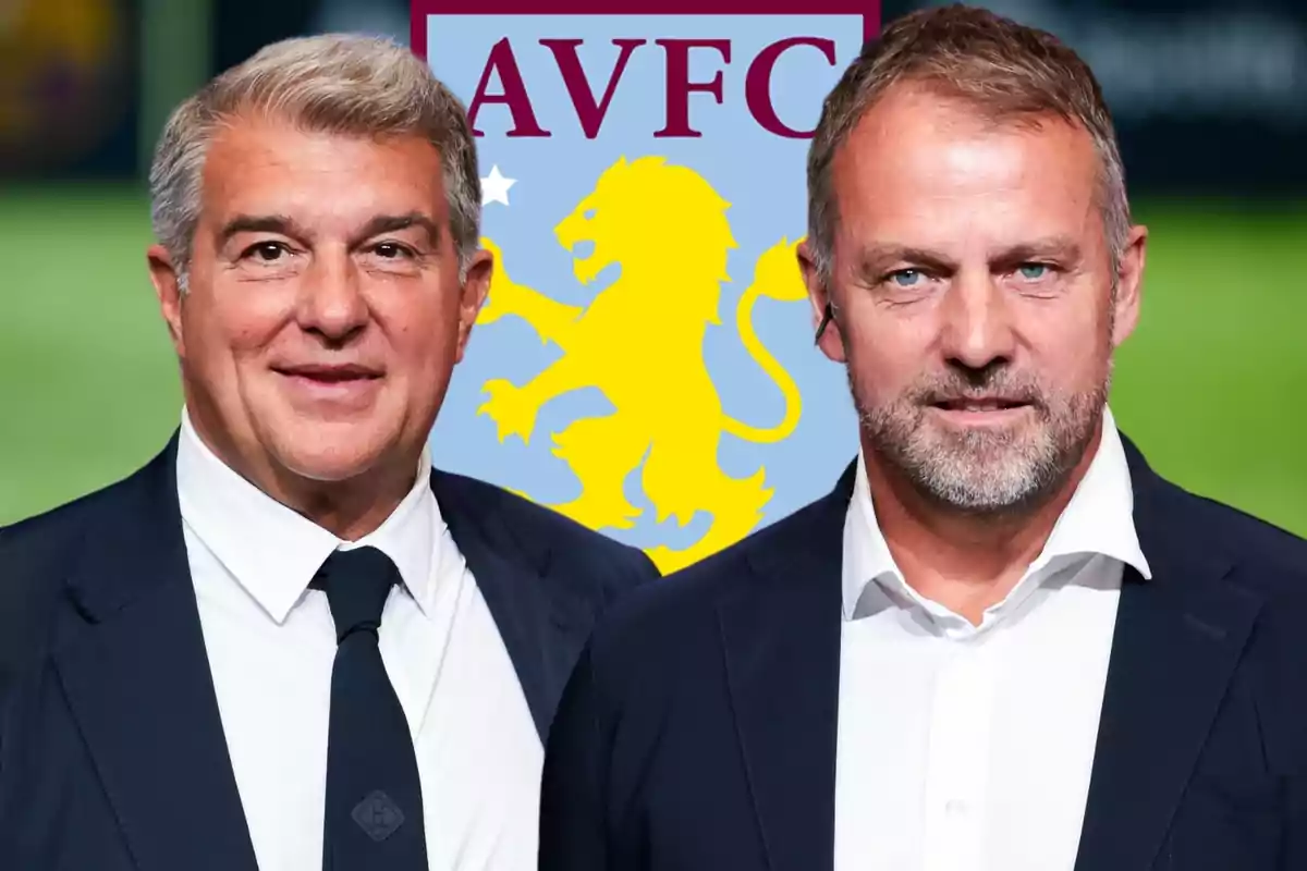 Dos hombres con trajes oscuros posan frente a un escudo con un león amarillo y las letras "AVFC".