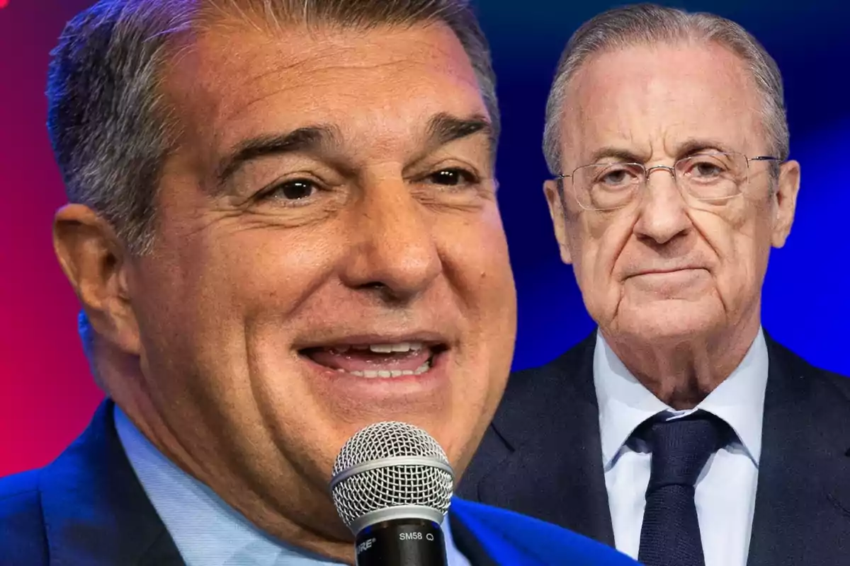 Joan Laporta with a big smile and a microphone next to Florentino Pérez