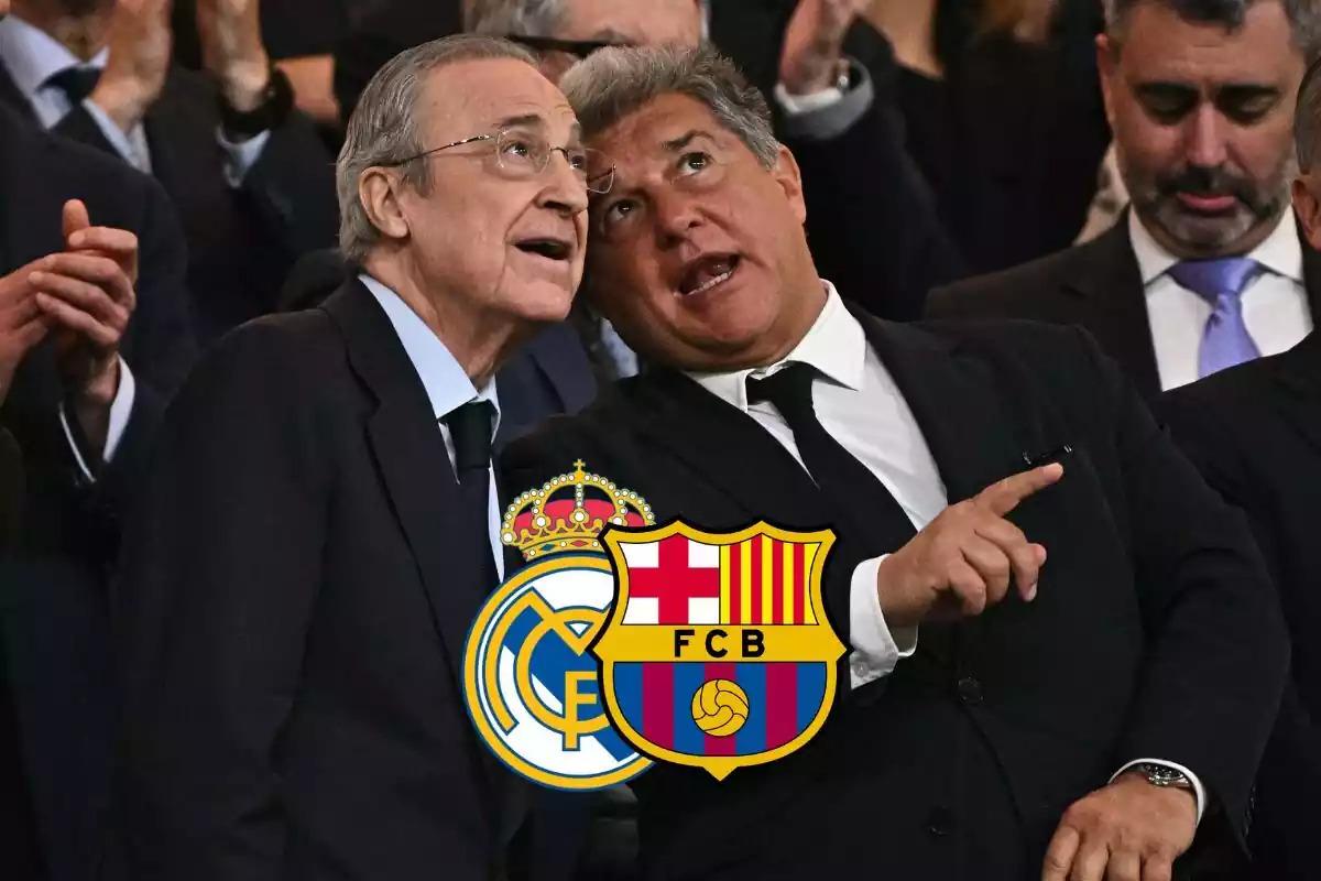 Florentino and Laporta talk in the Bernabéu box