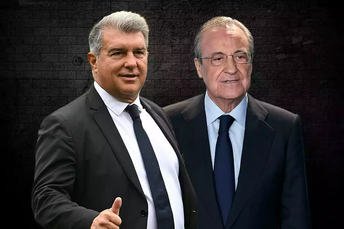 Joan Laporta y Florentino Pérez con trajes oscuros posando frente a un fondo de ladrillos. Joan Laporta y Florentino Pérez con trajes oscuros posando frente a un fondo de ladrillos.