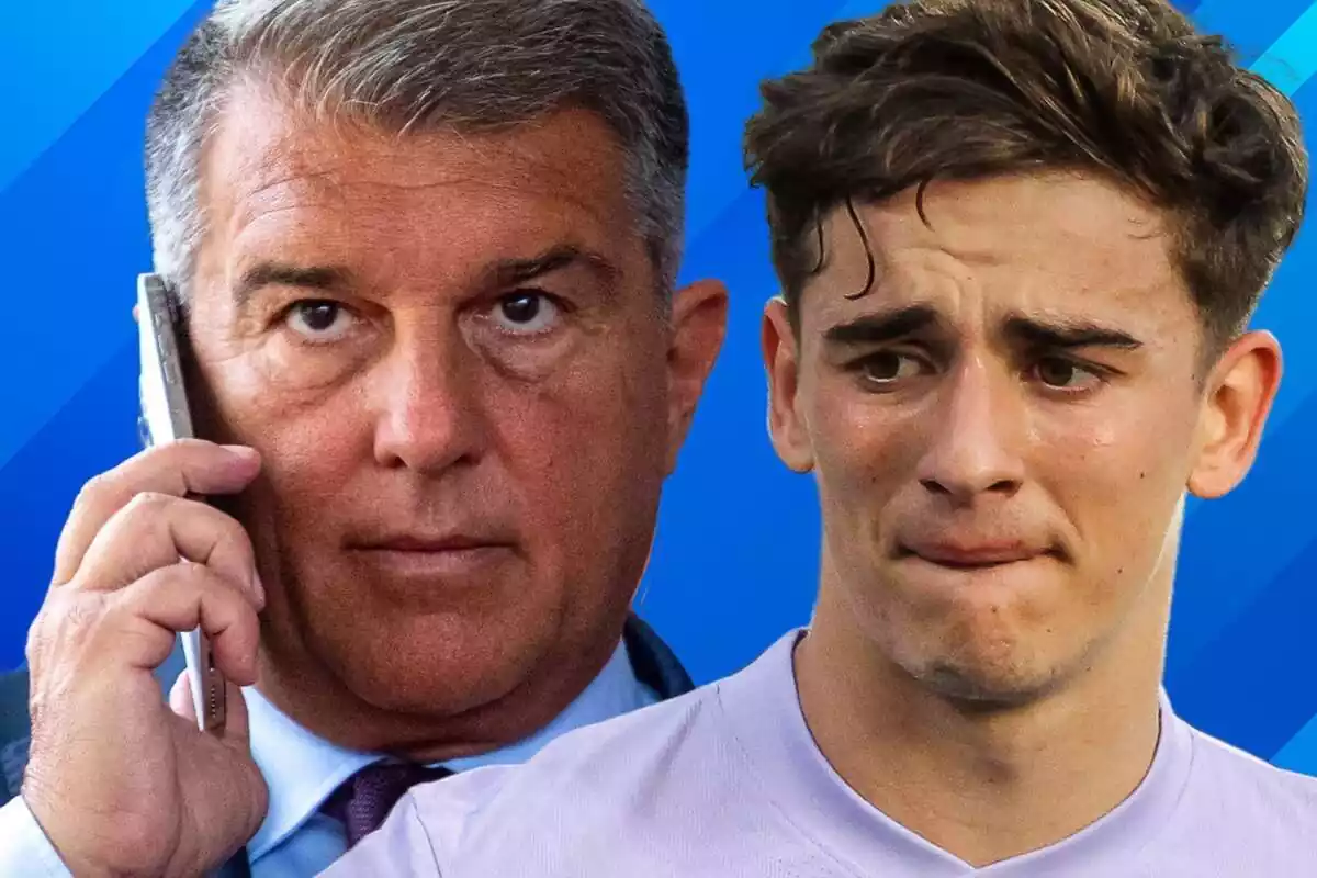 Gavi en primer plano con cara triste al lado de Joan Laporta hablando por teléfono