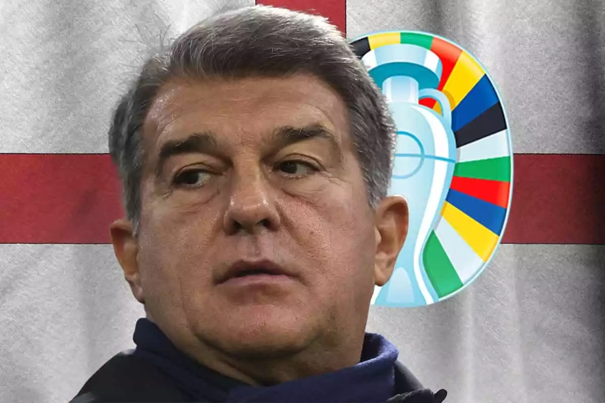 Laporta mira a un lado, detrás el logo de la Eurocopa y la bandera de Inglaterra