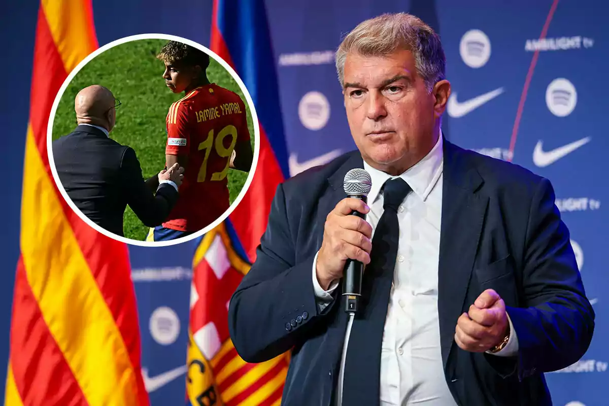 Joan Laporta de traje y corbata sostiene un micrófono mientras habla en un evento; en un recuadro circular, se muestra a un joven futbolista con el nombre "Lamine Yamal" en su camiseta, acompañado por Luis de la Fuente.