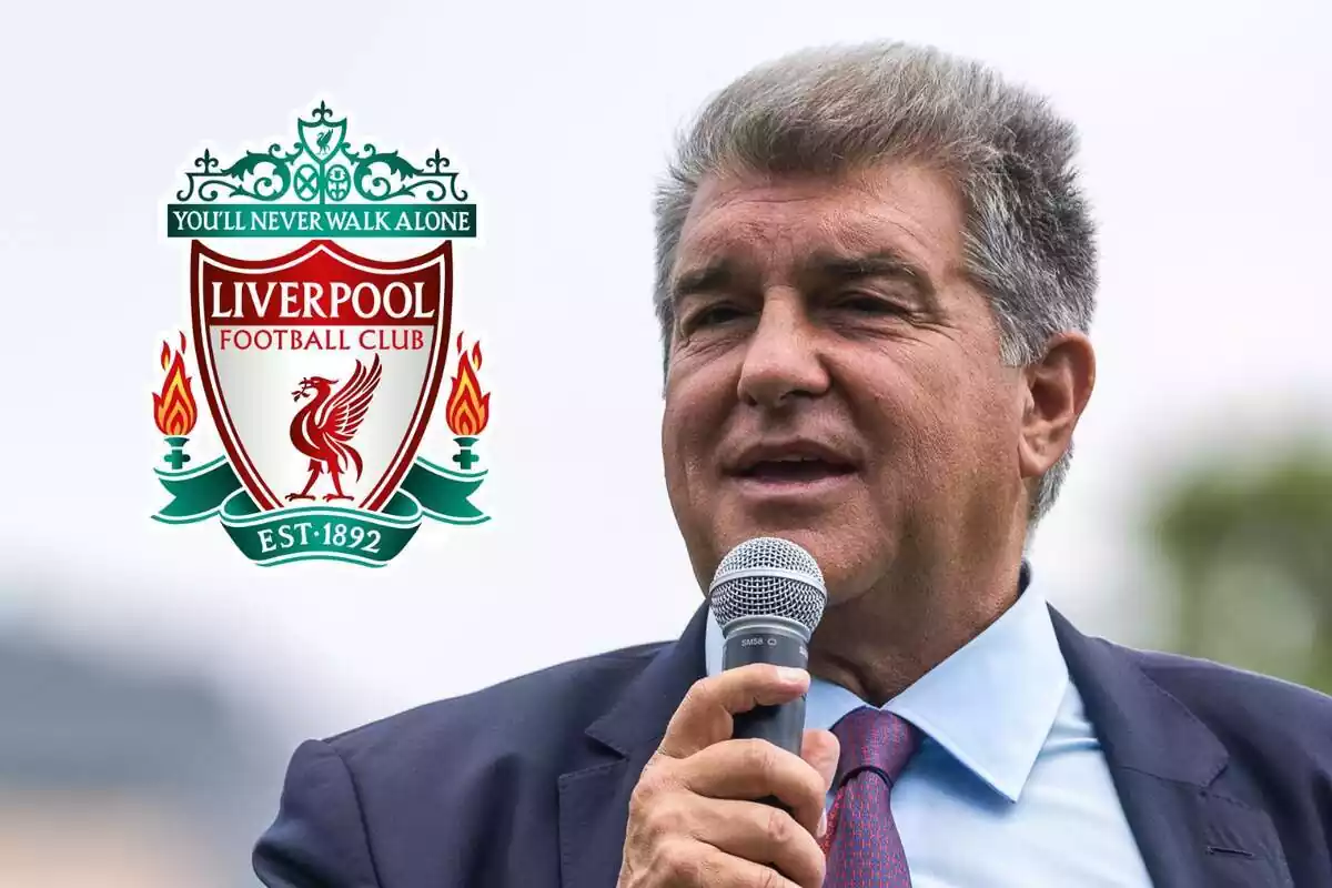 Joan Laporta with a microphone in his hand and the Liverpool shield