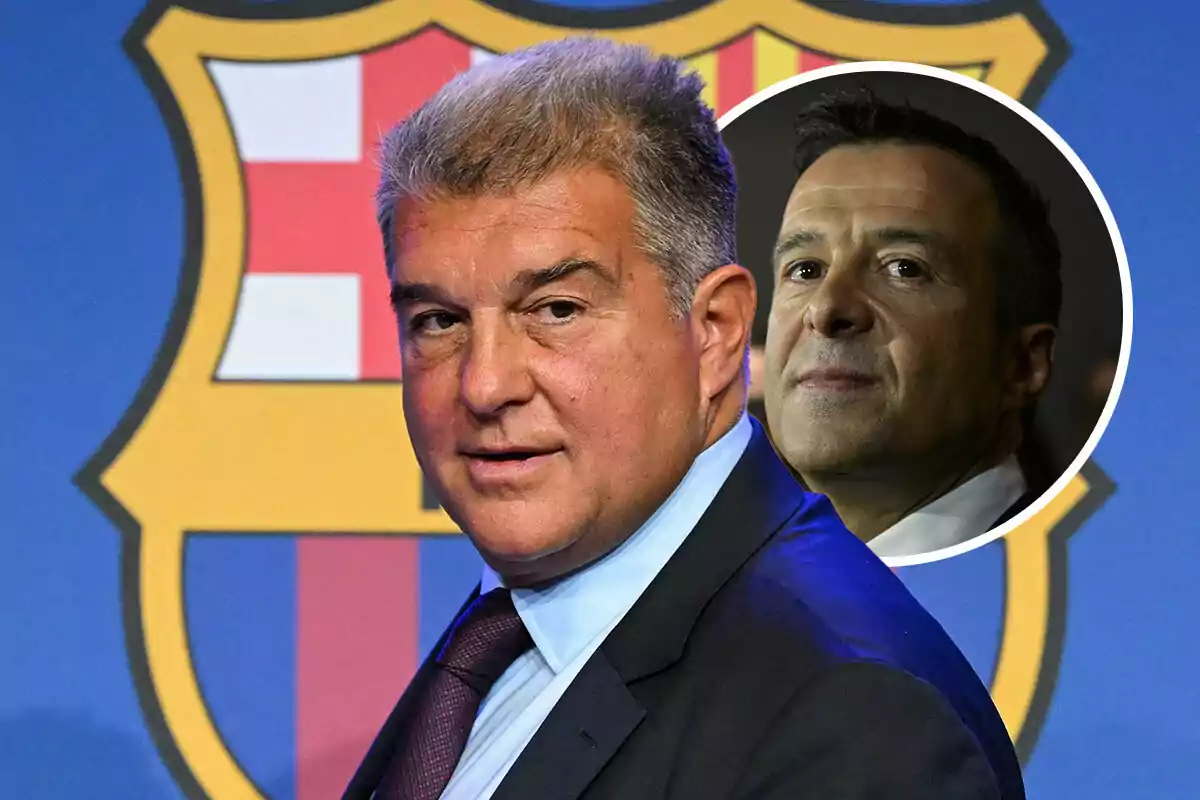 Joan Laporta en primer plano con el escudo del FC Barcelona de fondo, detrás un círculo con la cara de Jorge Mendes.