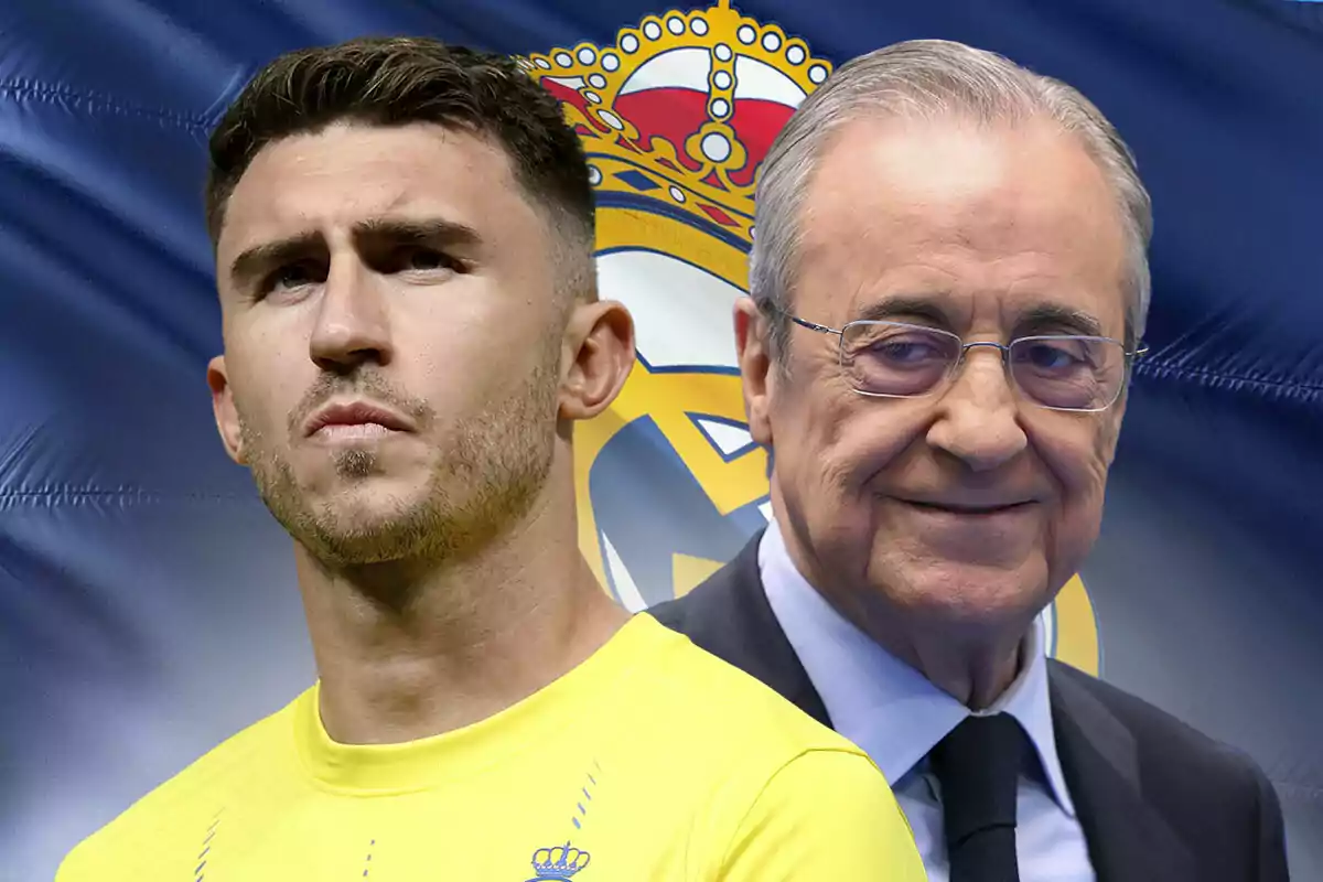 Aymeric Laporte y Florentino Pérez frente a una bandera con el escudo del Real Madrid.