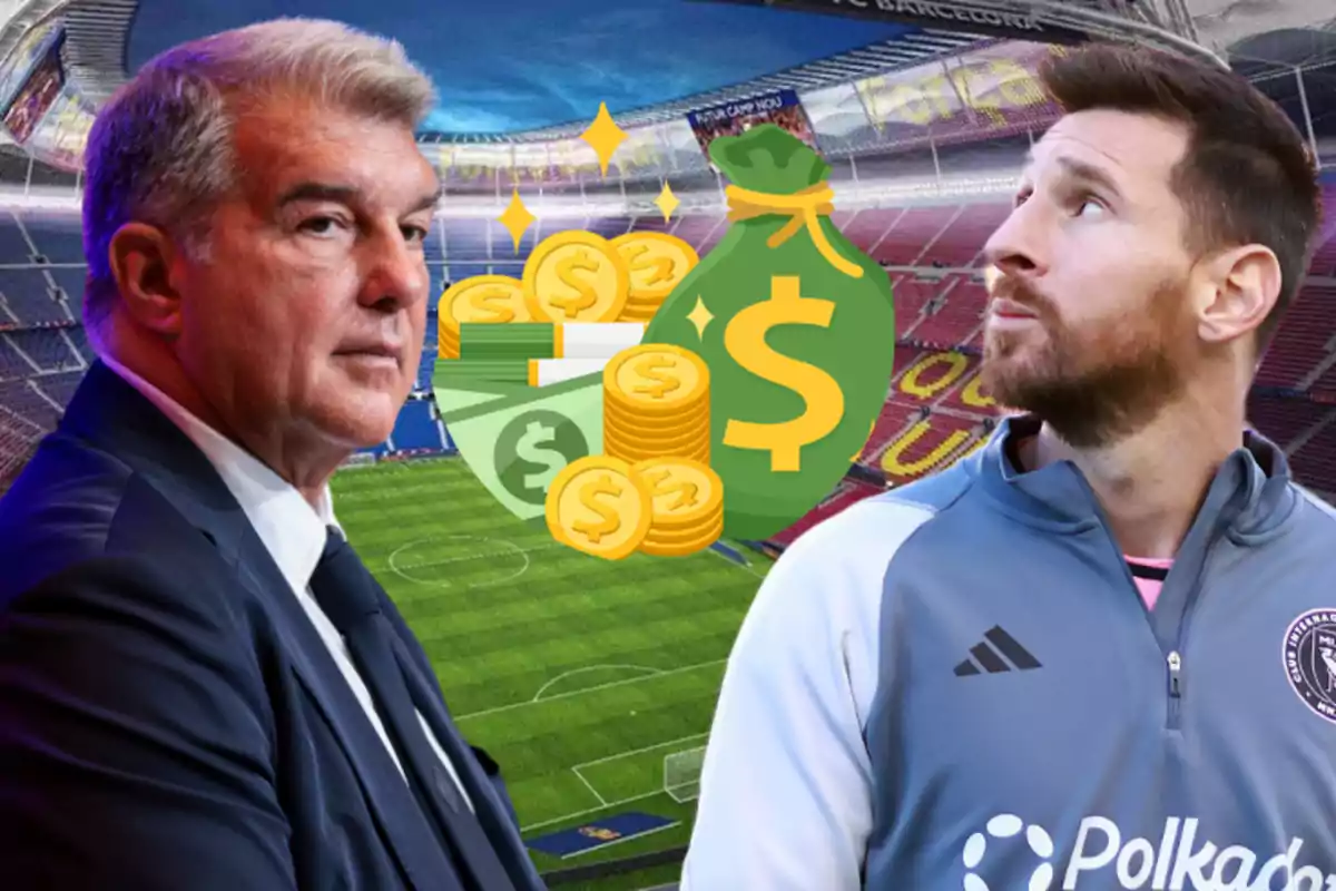 Two men in a soccer stadium with money graphics in the center.