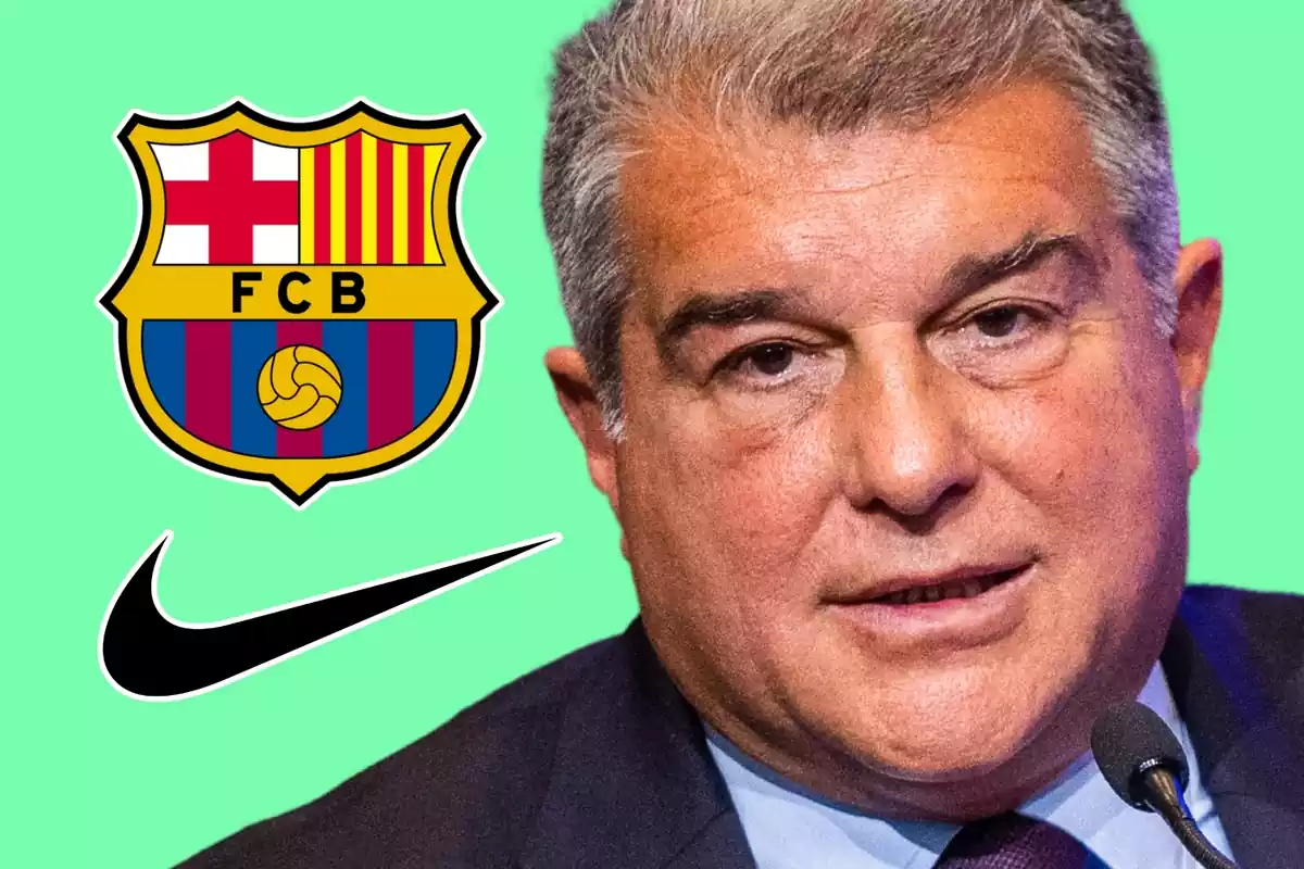 Joan Laporta worried next to the FC Barcelona shield and the Nike logo