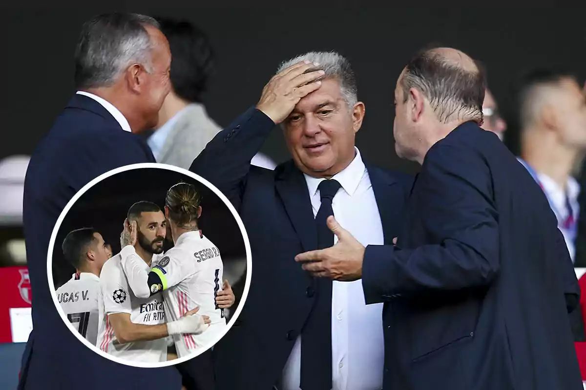 Tres hombres de traje conversan, Laporta se toca la cabeza con la mano; en un recuadro, tres jugadores del Real Madrid se abrazan.