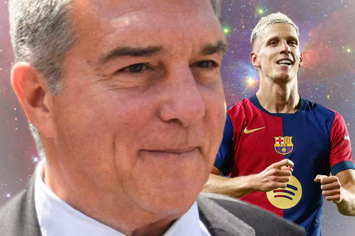 An older man in the foreground with a background of a football player in FC Barcelona uniform and a starry background.