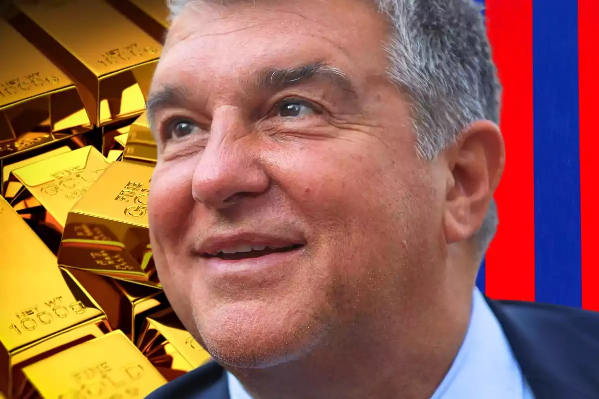 Joan Laporta staring at some gold ingots with blue and red stripes in the background Joan Laporta staring at some gold ingots with blue and red stripes in the background