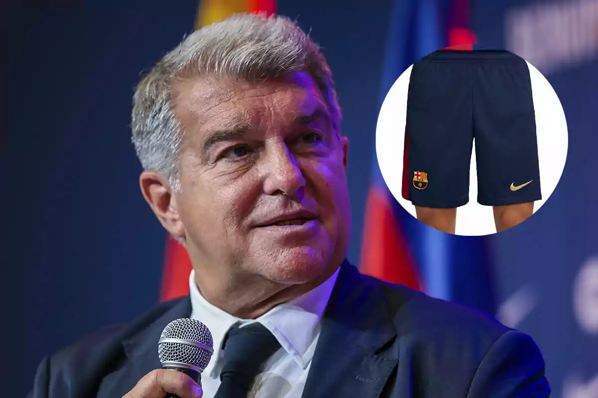 Joan Laporta hablando en un micrófono con una imagen de pantalones cortos deportivos en la esquina superior derecha.