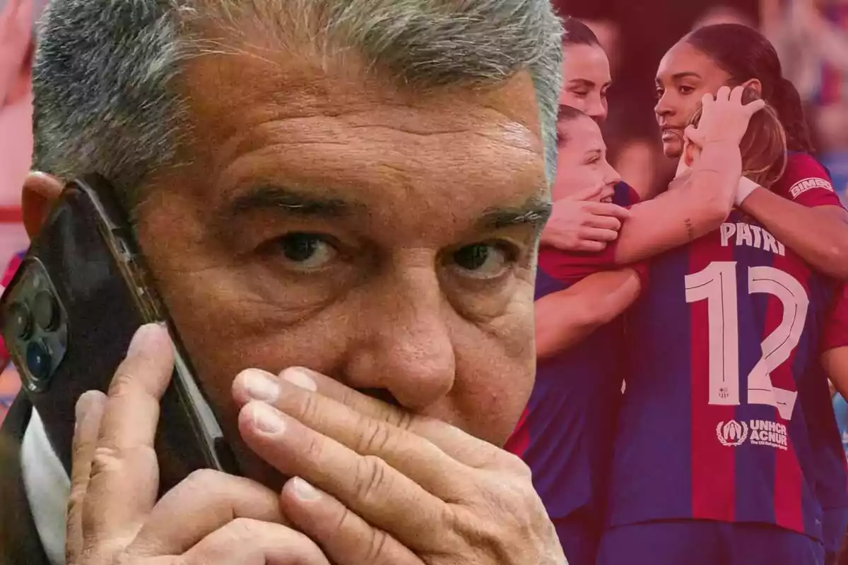 Joan Laporta talking on the phone while covering her mouth with Patri Guijarro hugging the FC Bareclona players