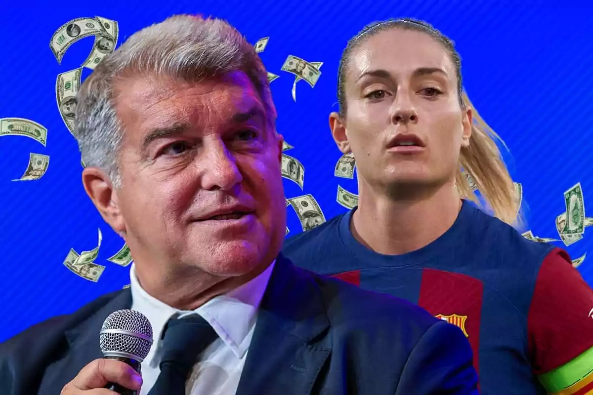 Laporta con traje y corbata sostiene un micrófono mientras Alexia con uniforme deportivo del FC Barcelona aparece detrás de él, con billetes de dólar flotando en el fondo azul.