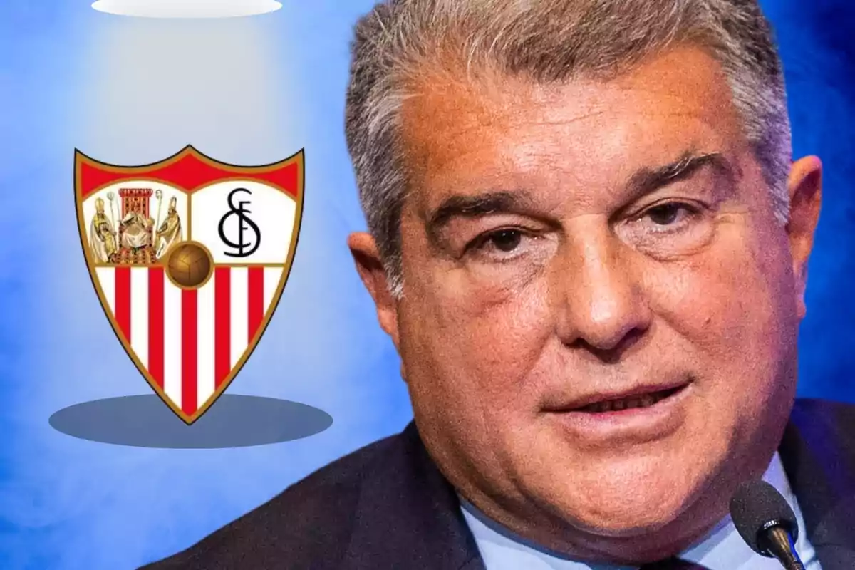 A man speaking into a microphone with the Sevilla FC crest next to him. A man speaking into a microphone with the Sevilla FC crest next to him.