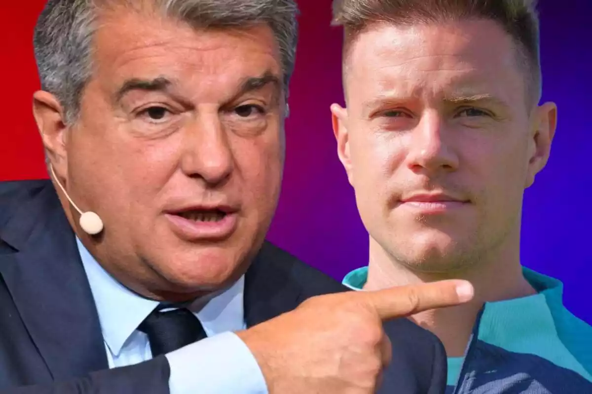 Joan Laporta apunta con el dedo hacia Ter Stegen