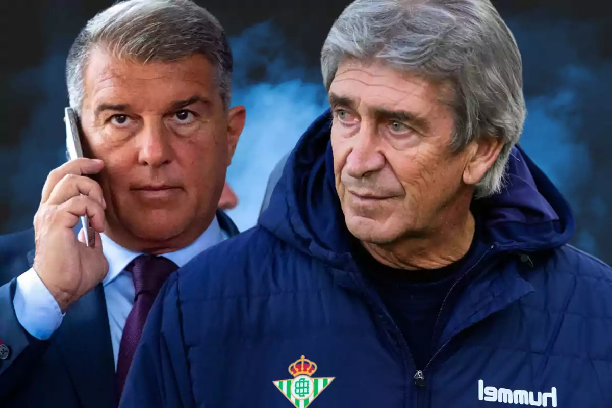 Dos hombres de mediana edad, uno hablando por teléfono y el otro mirando hacia un lado, ambos con expresiones serias; uno lleva traje y el otro una chaqueta deportiva con el logo del Real Betis.