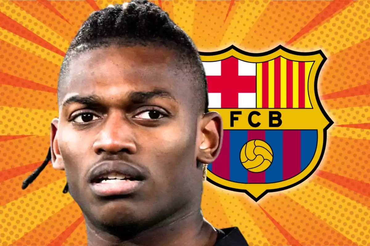 A man with a braided hairstyle and a serious expression, with the FC Barcelona crest in the background over a design of rays and dots in orange and yellow tones. A man with a braided hairstyle and a serious expression, with the FC Barcelona crest in the background over a design of rays and dots in orange and yellow tones.