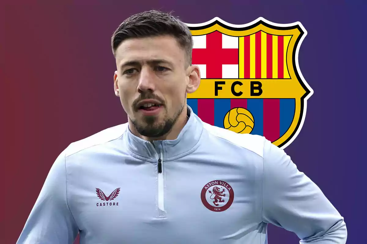 Clément Lenglet con una chaqueta de Aston Villa frente a un escudo del FC Barcelona.