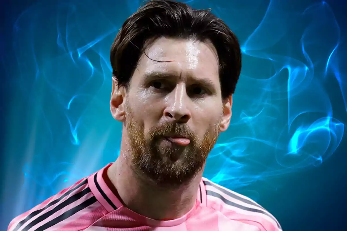 A player in a pink jersey with a blue background and smoke effects.