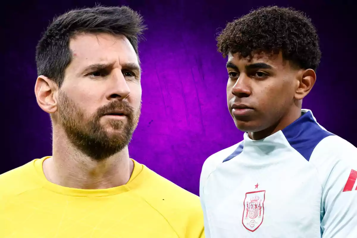 Two soccer players with serious expressions on a purple background.