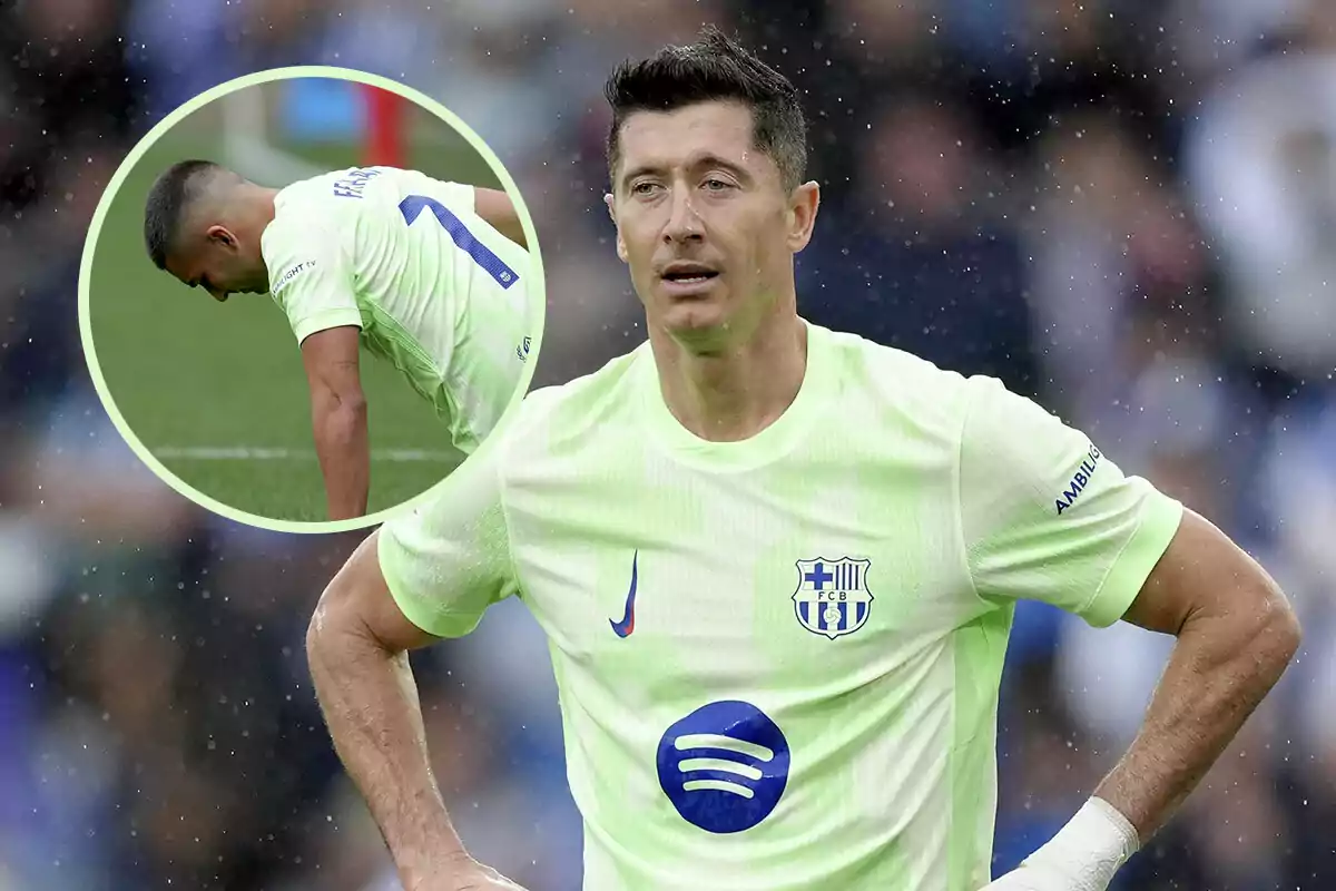 Lewandowski, del FC Barcelona, con expresión seria en el campo mientras Ferran Torres aparece en un recuadro pequeño inclinado hacia adelante.