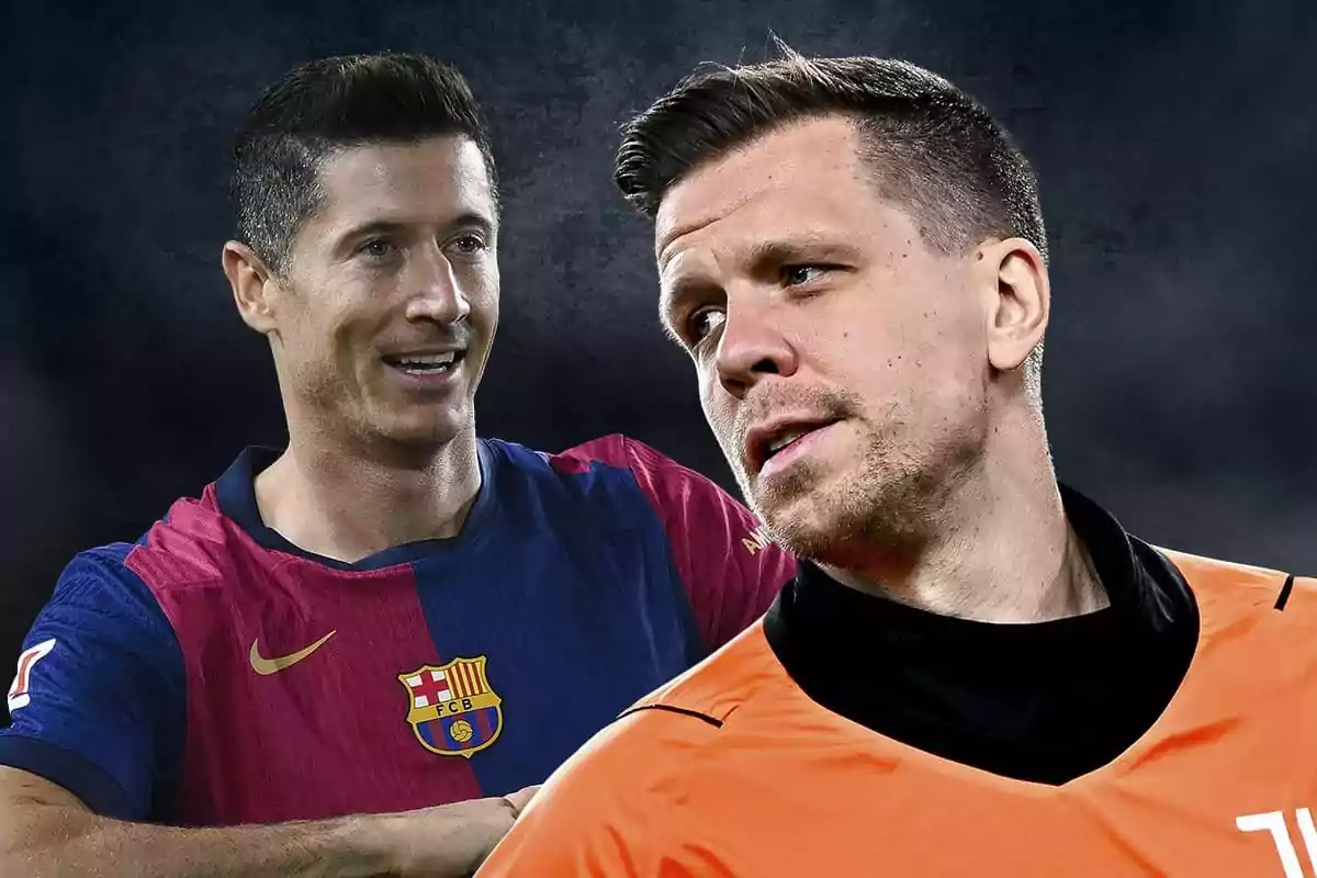 Dos jugadores de fútbol, Lewandowski con la camiseta del FC Barcelona y Szczesny con una camiseta naranja, en un fondo oscuro.