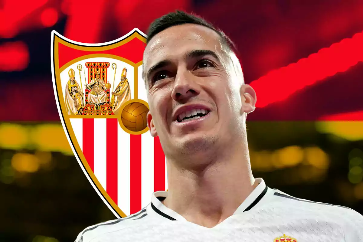 Lucas Vázquez in a Real Madrid jersey smiles in front of the Sevilla FC crest.