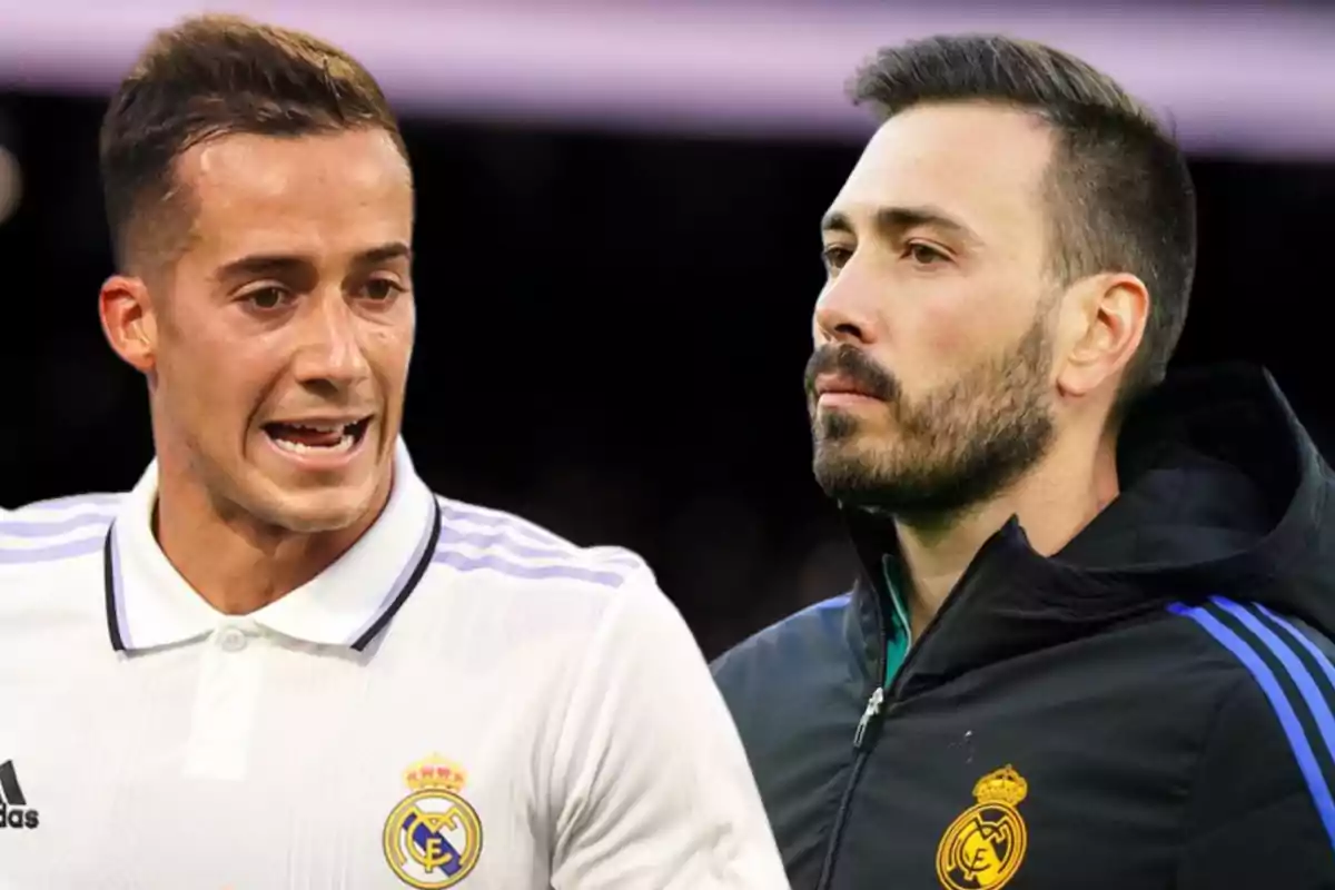 Dos jugadores del Real Madrid con expresiones serias, uno con camiseta blanca y el otro con chaqueta negra.