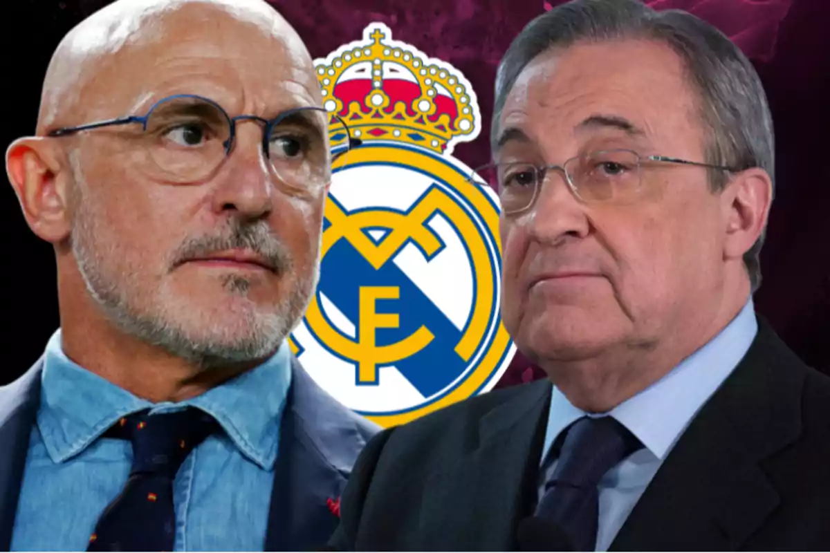 Dos hombres con gafas frente al escudo del Real Madrid.