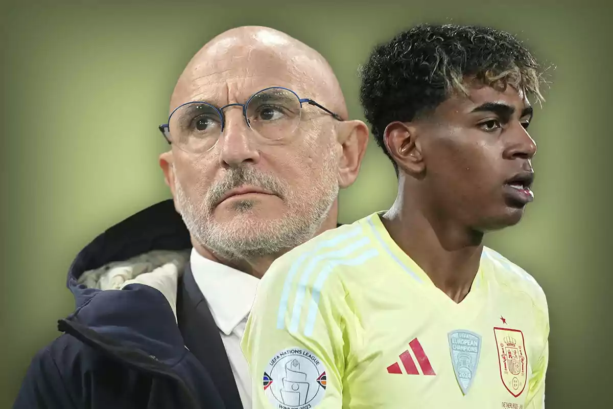 A man with glasses and a beard next to a young player in a yellow uniform with the UEFA Nations League badge.