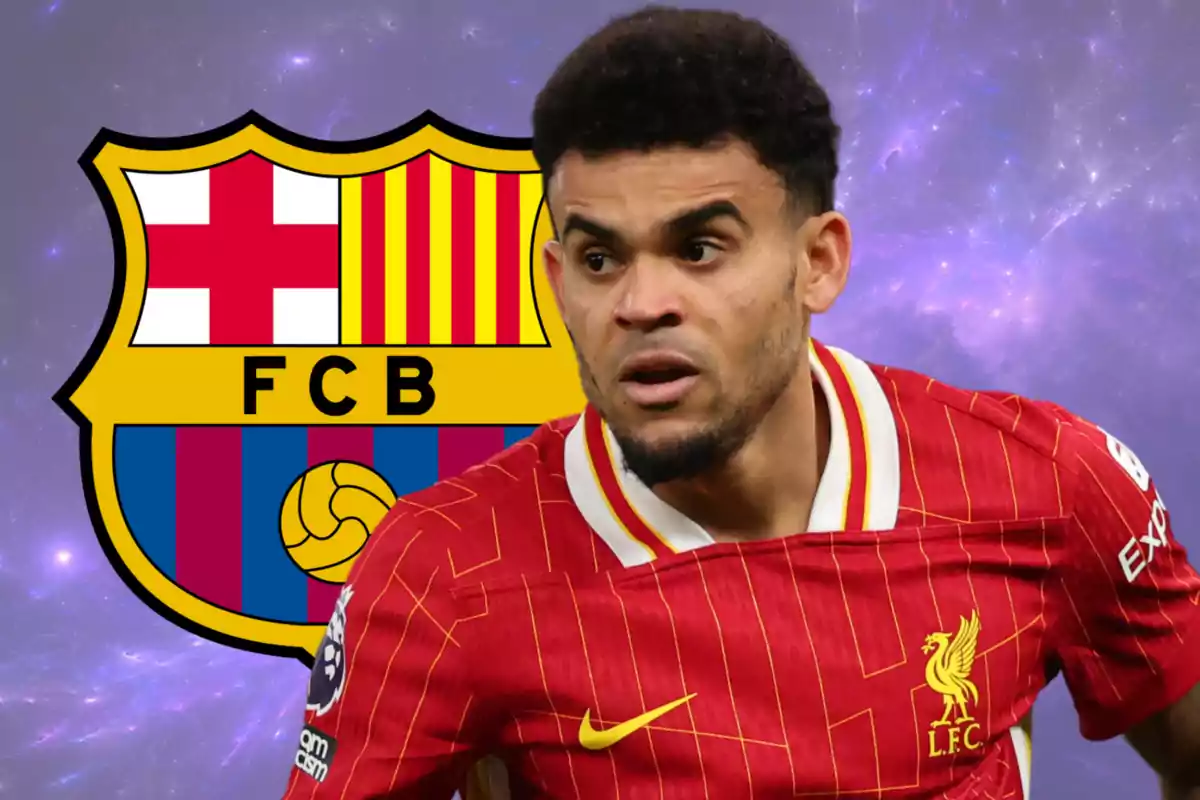 A player wearing a Liverpool jersey in front of the FC Barcelona crest against a starry background.