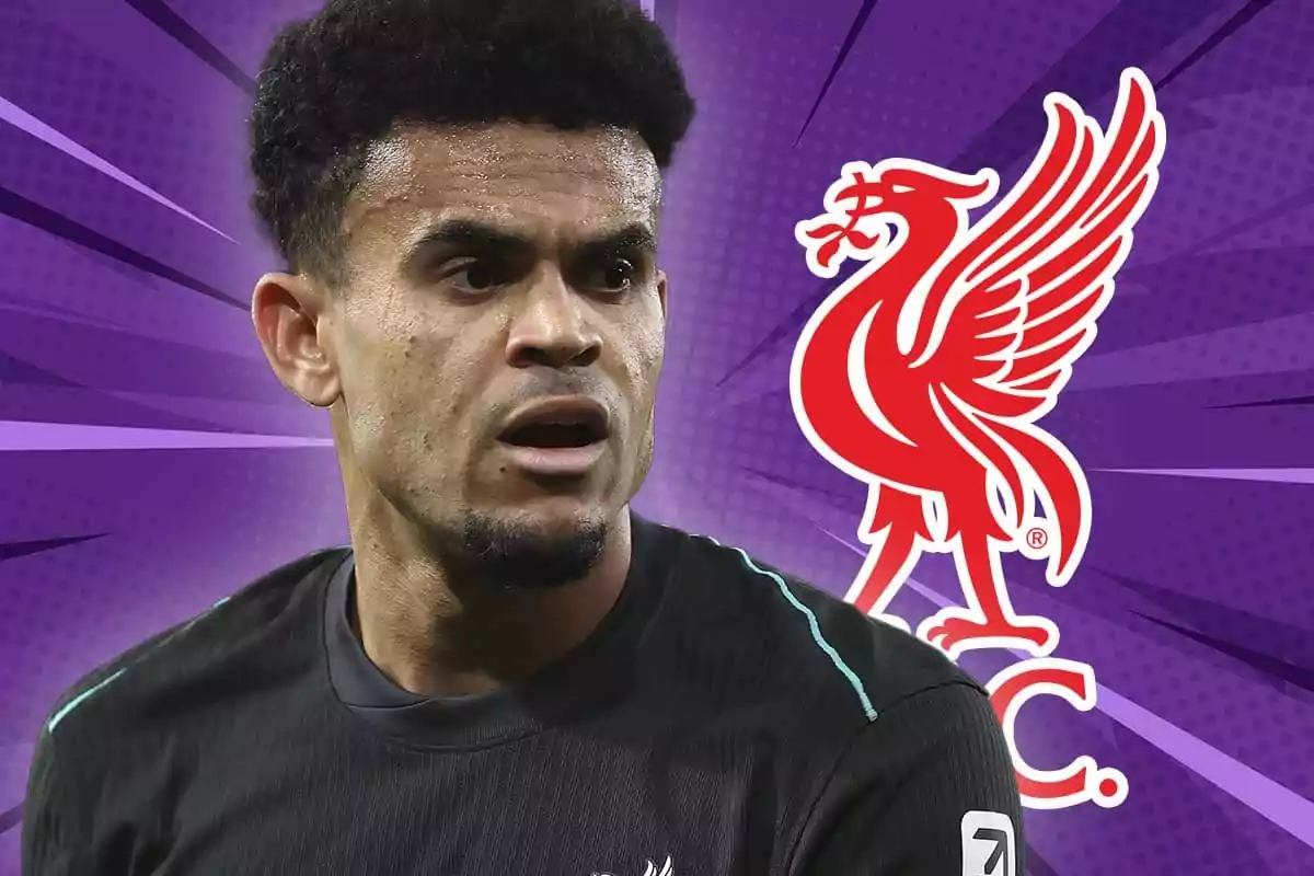 Soccer player in a dark jersey in front of the Liverpool logo against a purple background with stylized lightning bolts.