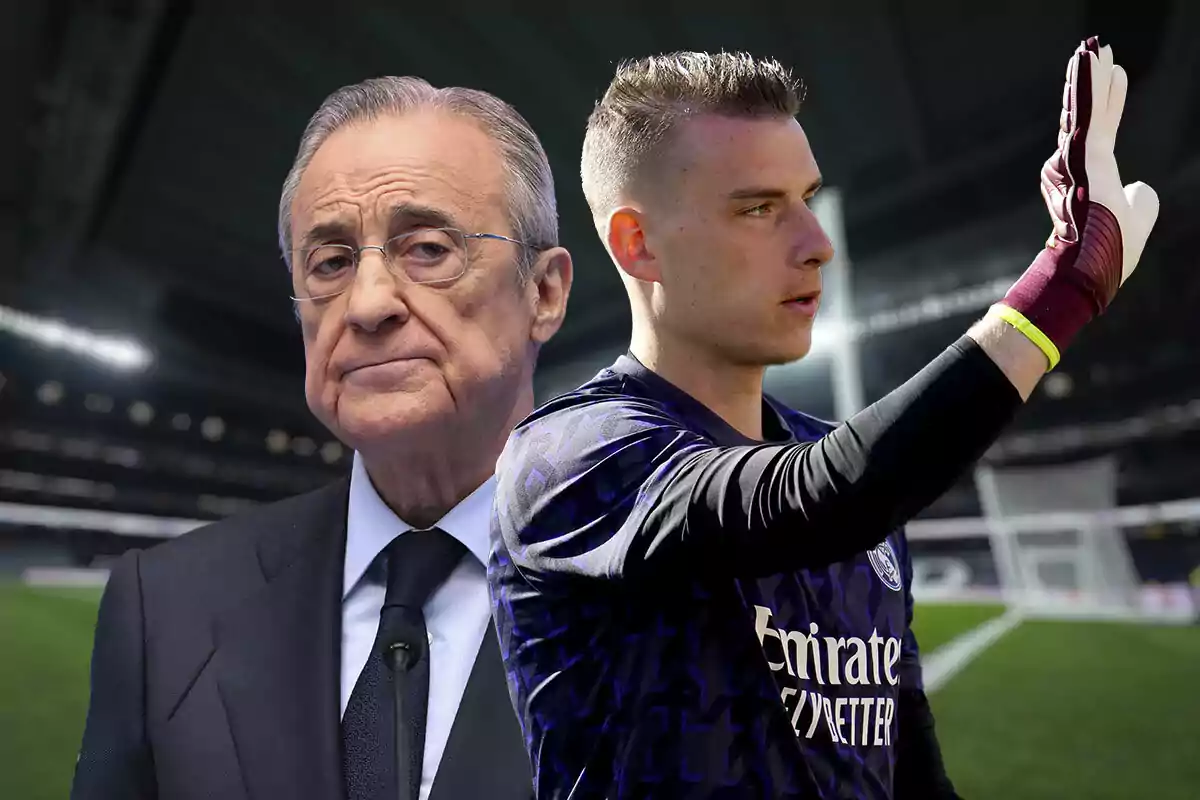 Florentino Pérez y Lunin en un estadio de fútbol, uno con traje y gafas y el otro con uniforme de portero levantando la mano.