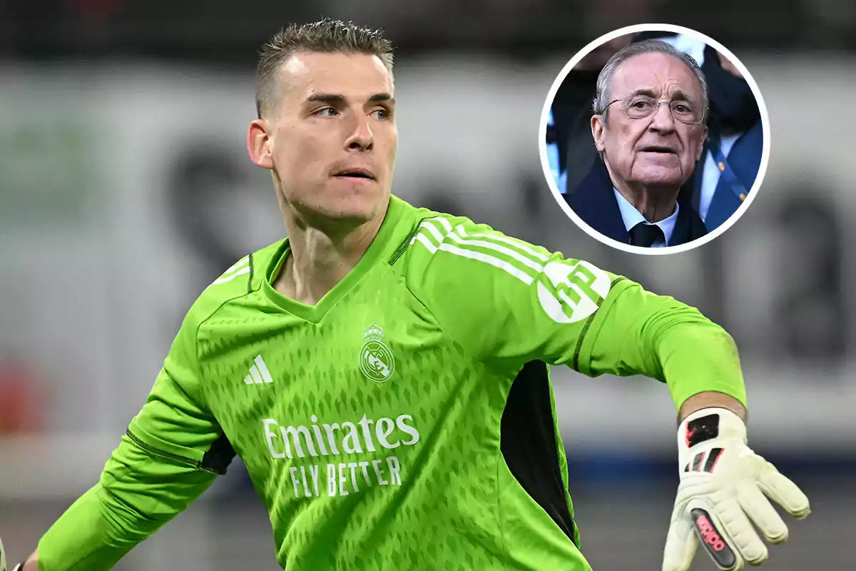 Lunin con uniforme verde del Real Madrid durante un partido, con Florentino Pérez en un recuadro en la esquina superior derecha.