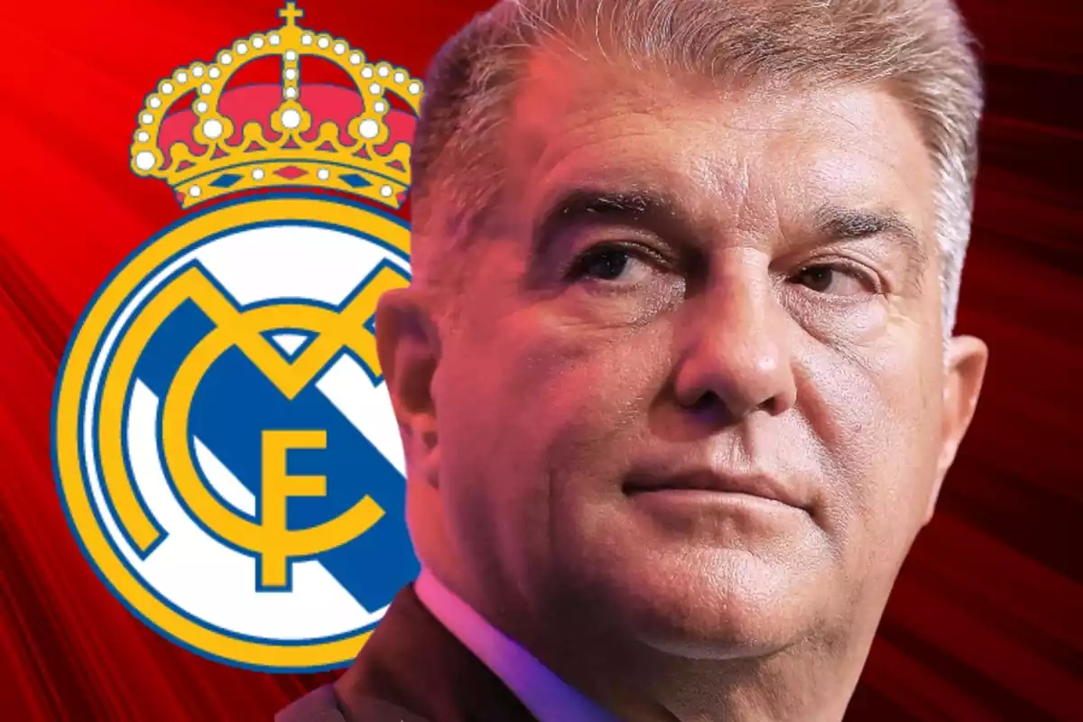 Joan Laporta looking askance at the Real Madrid shield on a red light