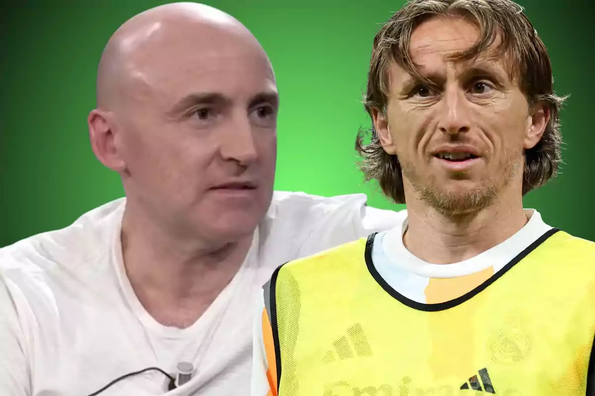 Dos hombres en un montaje con fondo verde uno con camiseta blanca y el otro con chaleco deportivo amarillo.