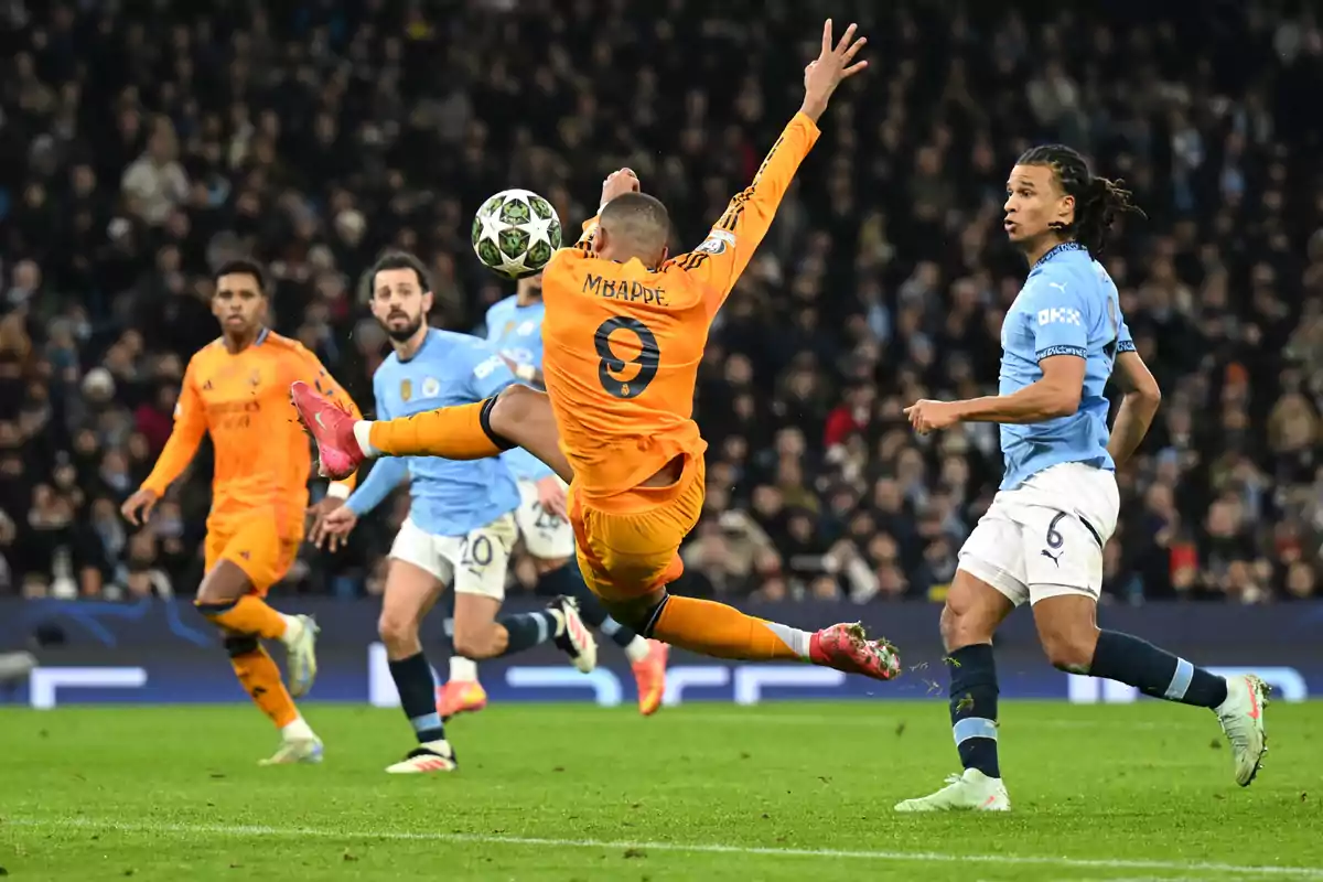 A player in an orange uniform performs an acrobatic move in the air while other players watch during a match.